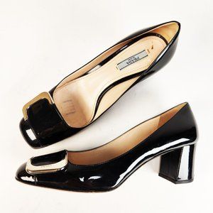 PRADA Patent Leather Low Heel Pumps Silver Buckle - 38